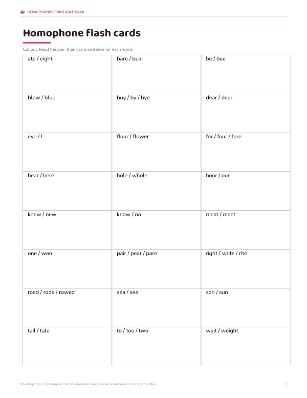 Preview of Homophone Flash Cards Printable PDF