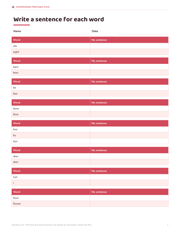Preview of Homophones Sentence Practice Sheet
