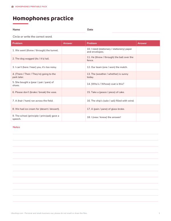 Preview of Printable Homophones Practice Worksheet